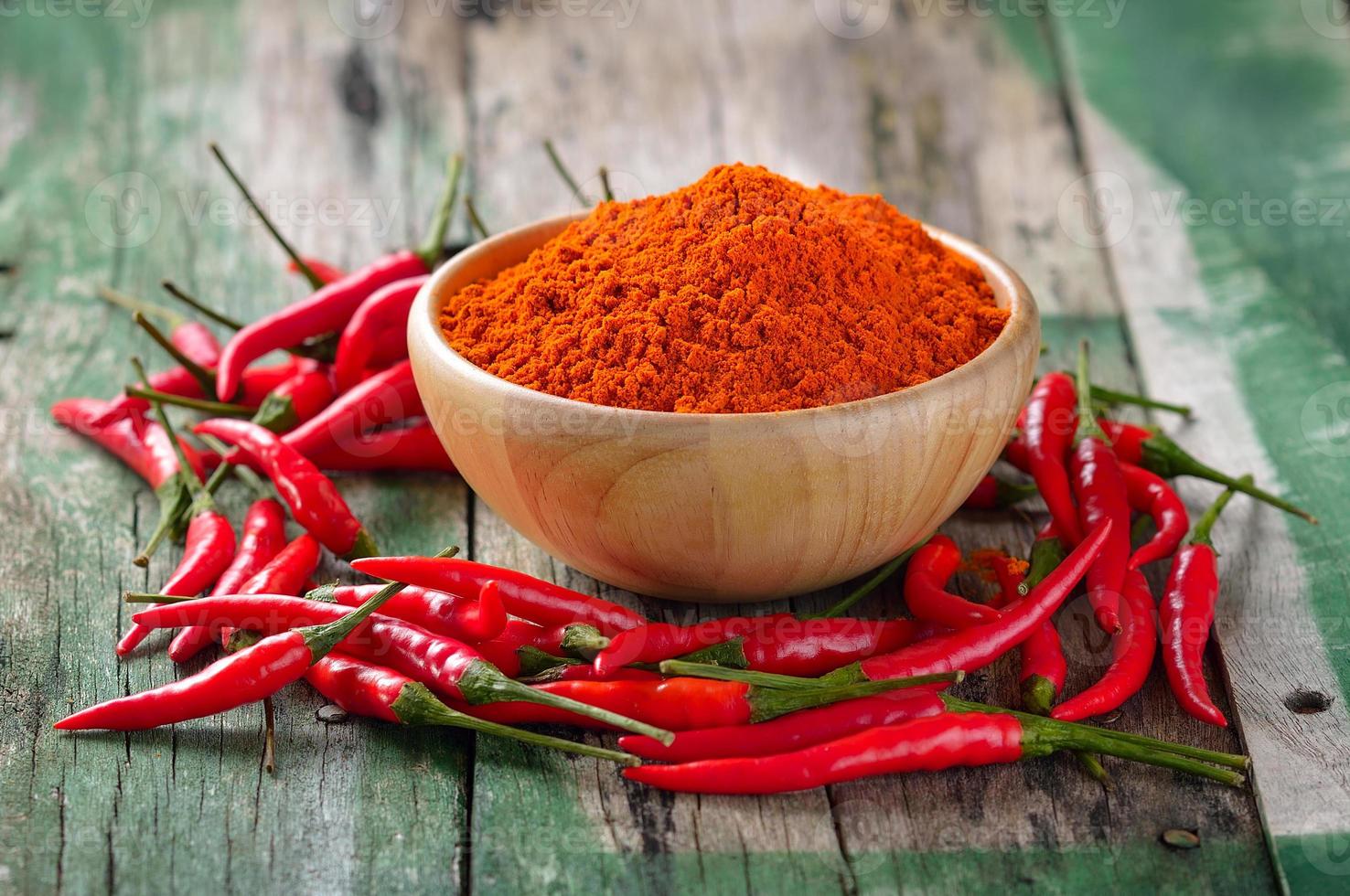 Red Chili pepper on wooden table photo