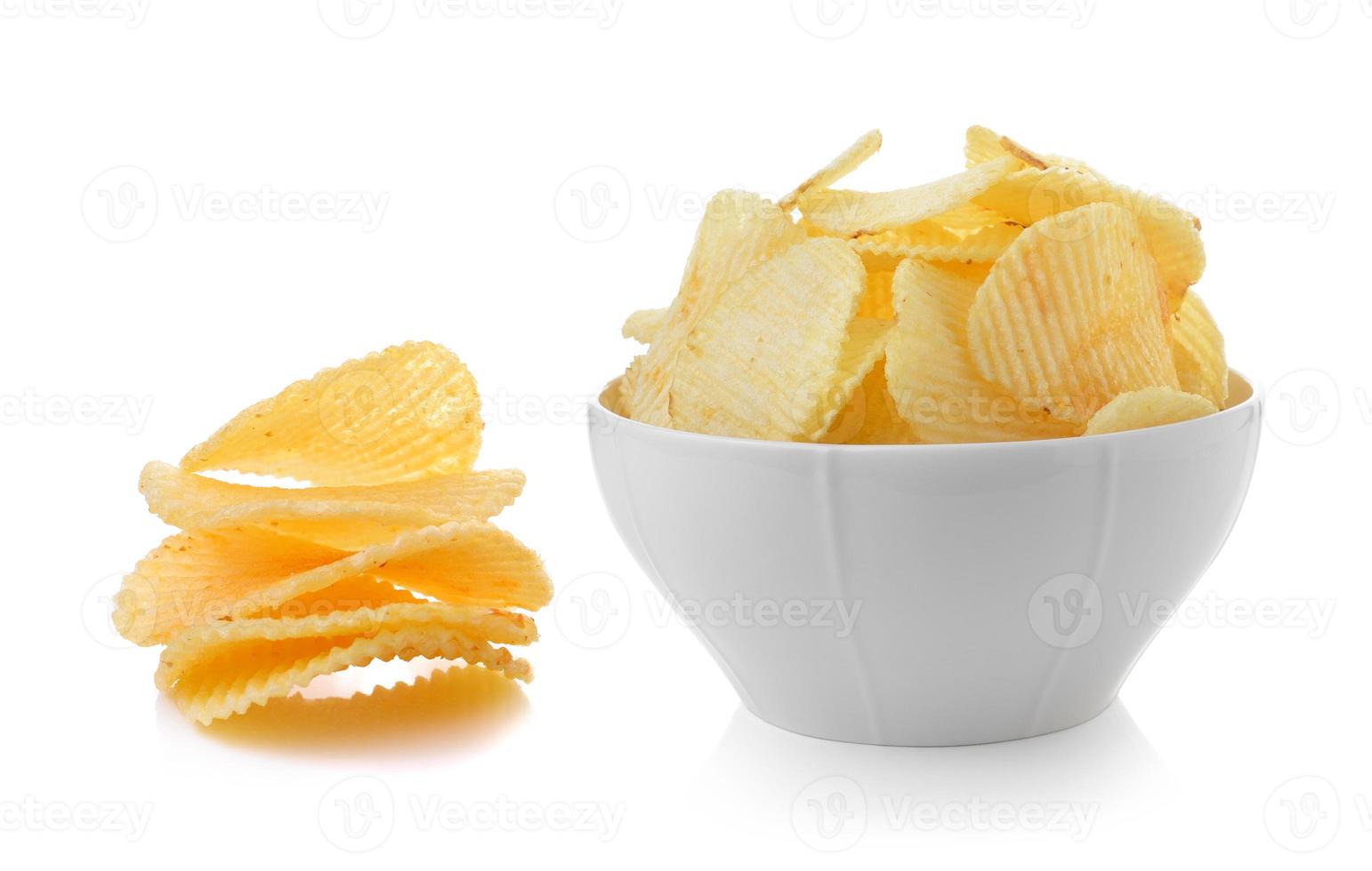 Bowl of potato chips on white background photo