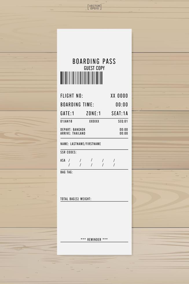 Airline boarding pass ticket. White boarding pass paper sheet on wood. Vector. vector