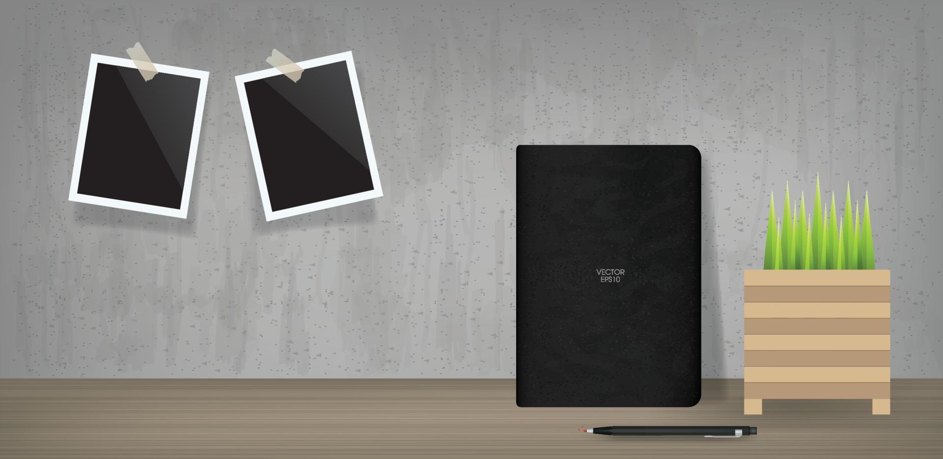 Black notebook and blank photo frame in vintage room space background. Vector. vector