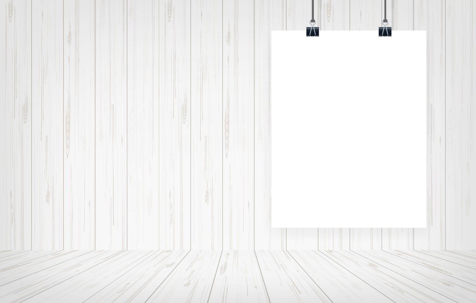 White paper poster hanging with wooden wall background. Vector. vector