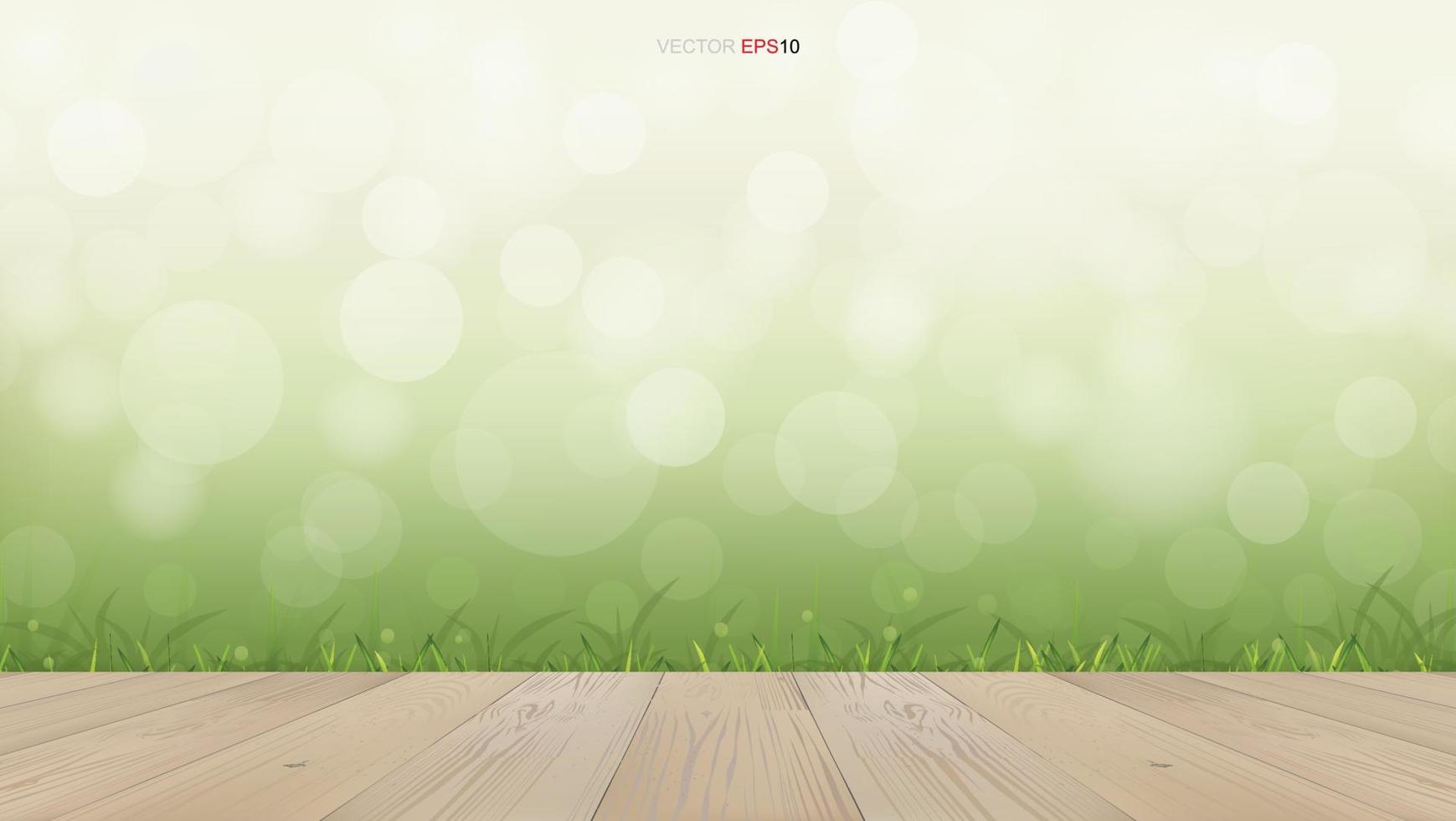 Wooden deck in green natural area with light blurred bokeh background. Vector. vector