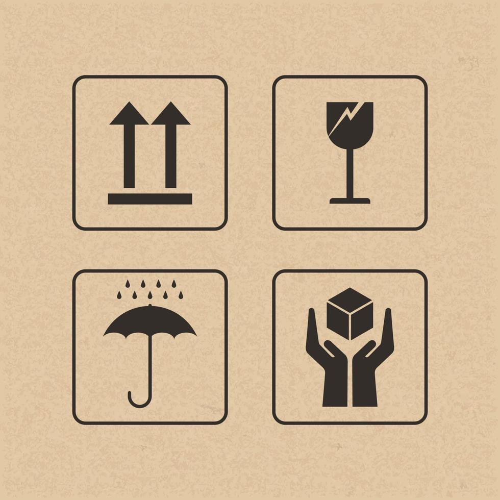 Cardboard packaging icon set. Fragile care sign and symbol. Vector. vector