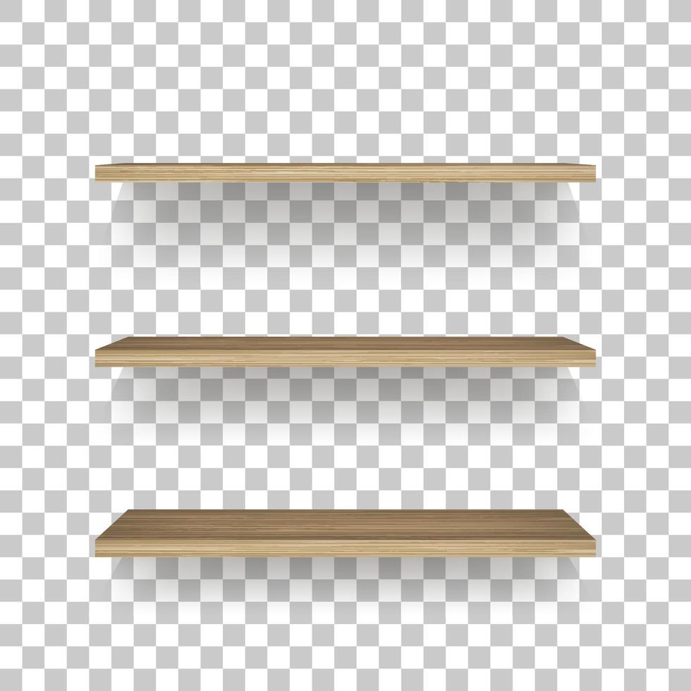 estante de madera sobre fondo transparente con sombra suave. Estantes de madera vacíos 3d. vector. vector