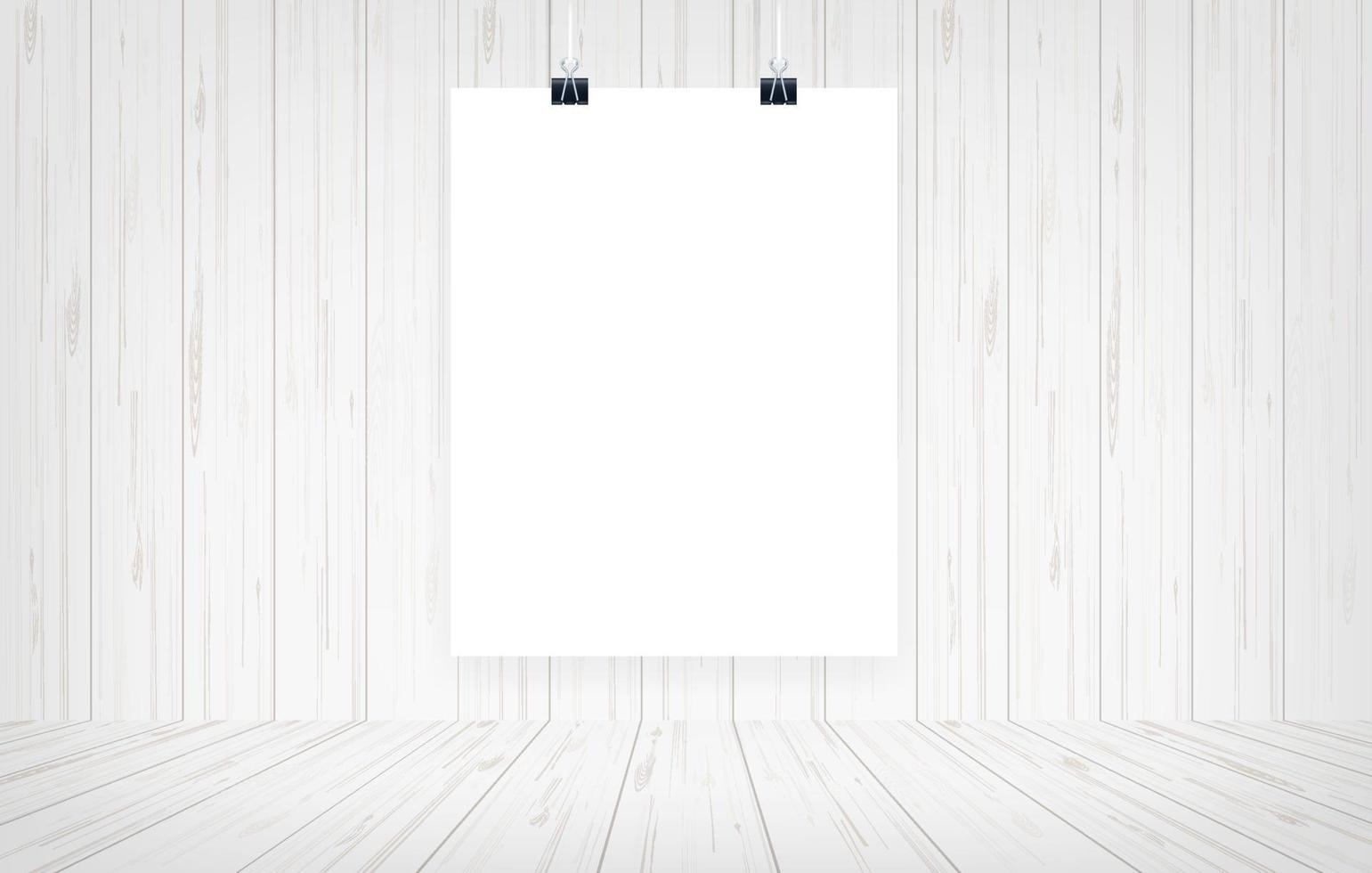 White paper poster hanging with wooden wall background. Vector. vector