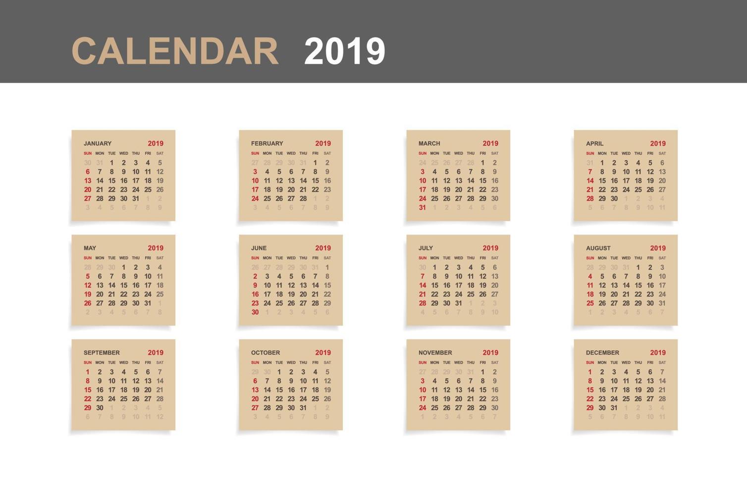 calendario 2019 - conjunto de calendario mensual en papel marrón y fondo de madera blanca. vector. vector