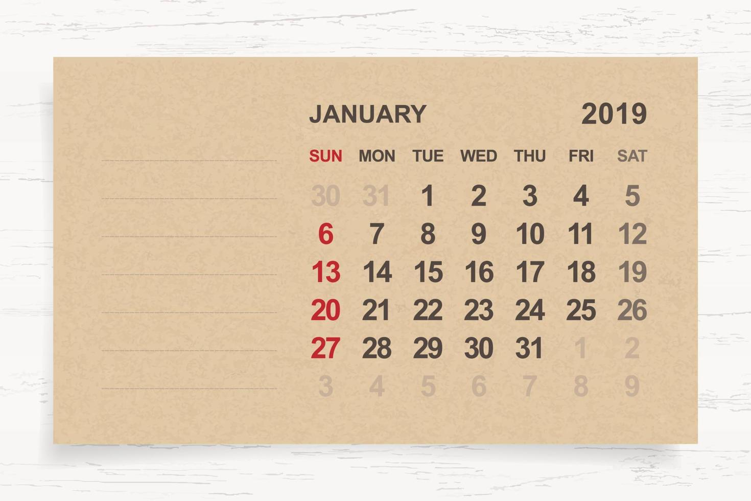 January 2019 - Monthly calendar on brown paper and wood background with area for note. Vector. vector