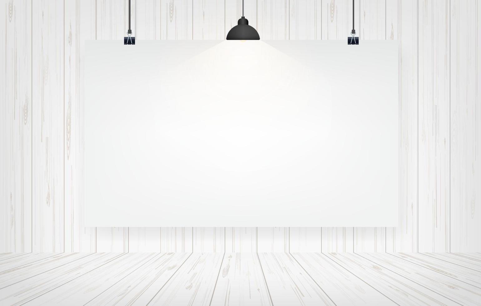 White paper poster hanging with wooden wall background. Vector. vector