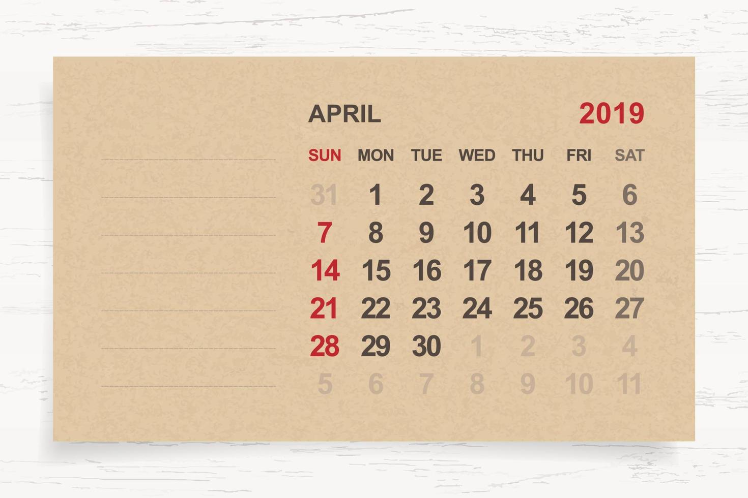 April 2019 - Monthly calendar on brown paper and wood background with area for note. Vector. vector