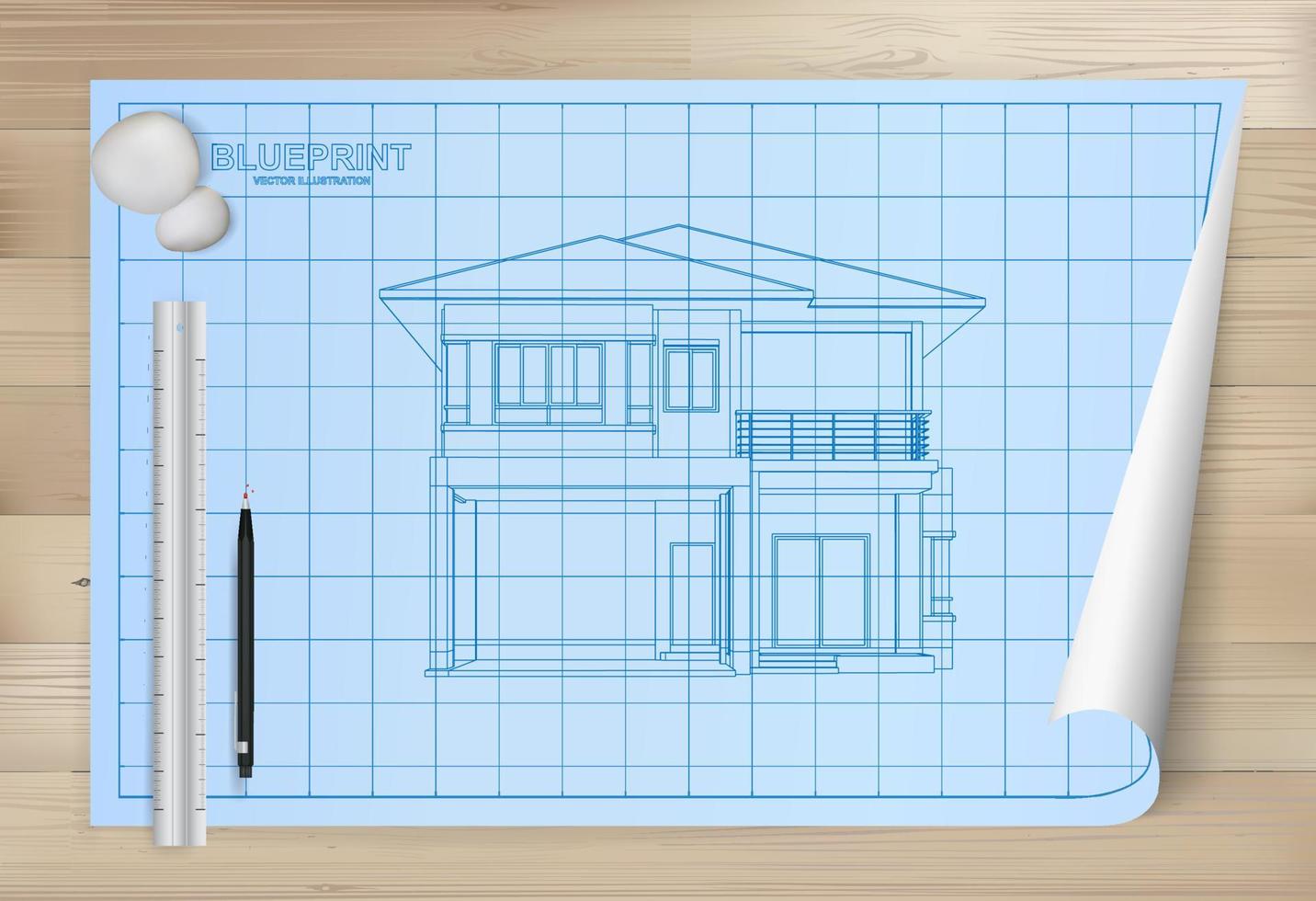 Idea of house on blueprint paper background. Architectural drawing paper on wooden texture background. Vector. vector