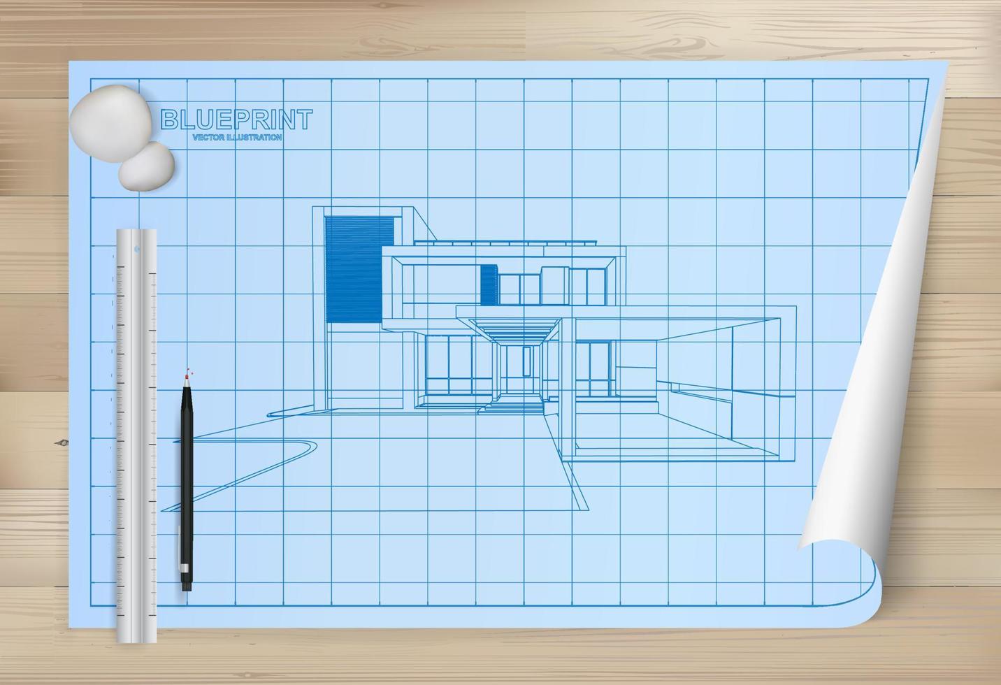 Idea of house on blueprint paper background. Architectural drawing paper on wooden texture background. Vector. vector