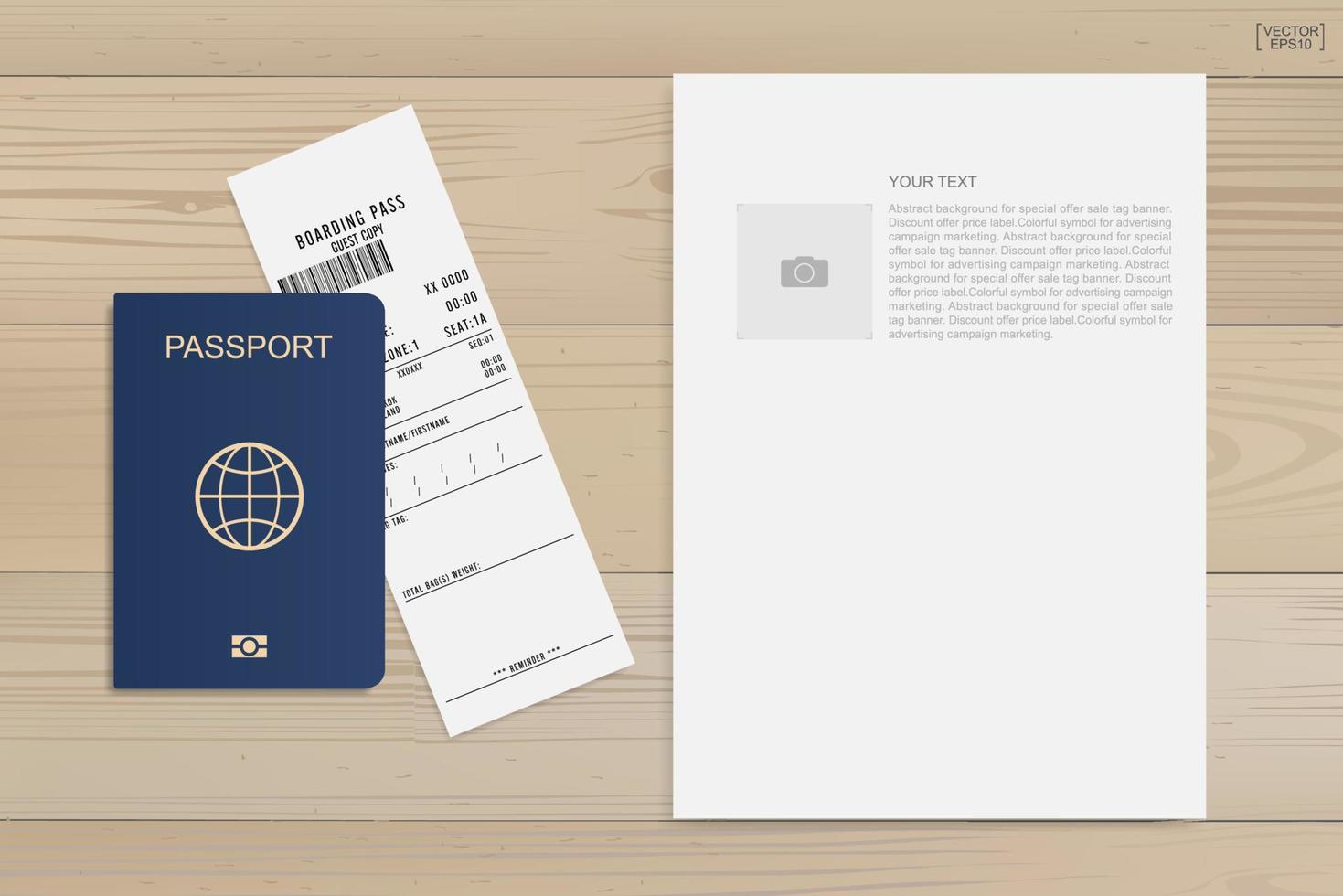 Passport and boarding pass ticket on wood background. Vector. vector