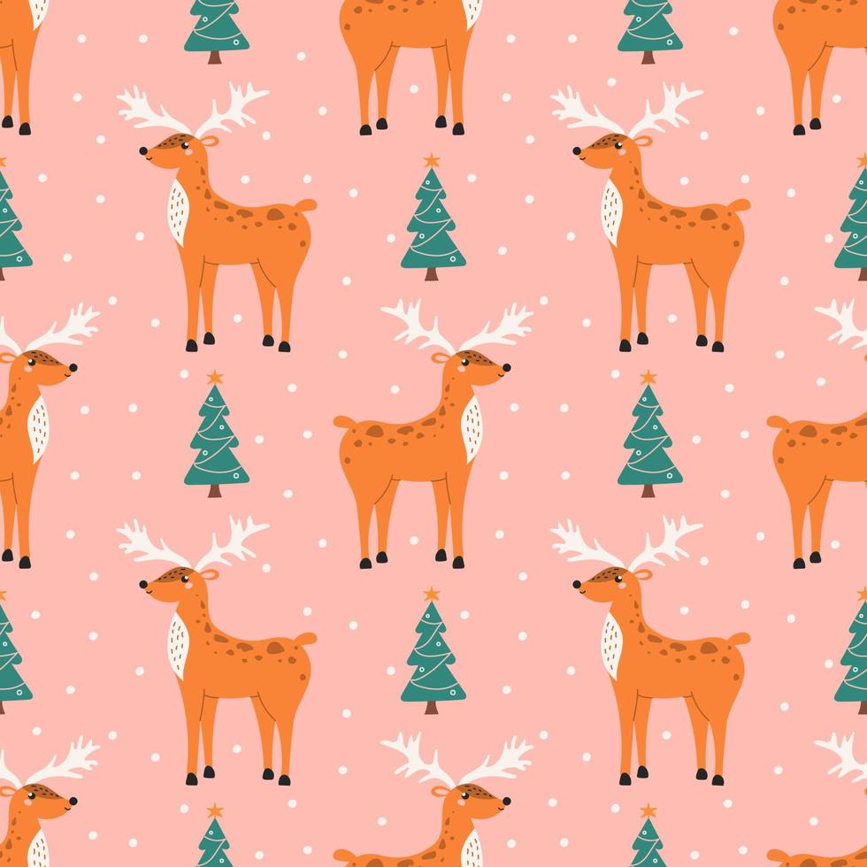 Cute deer with Christmas trees and snowflakes on pink background, vector seamless pattern in flat style