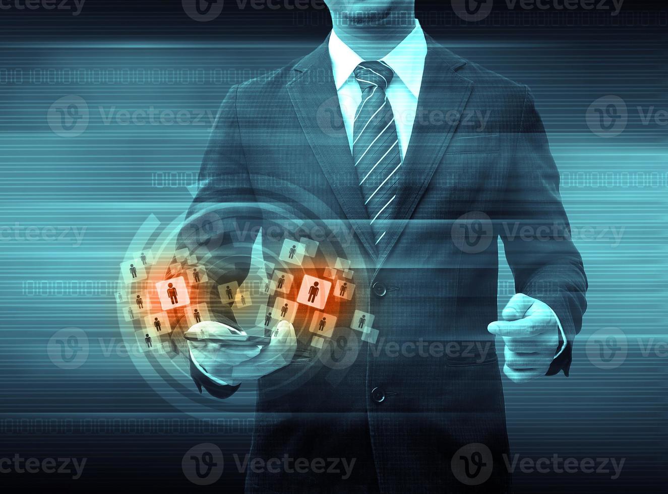 businessman holding smartphone world technology social media photo