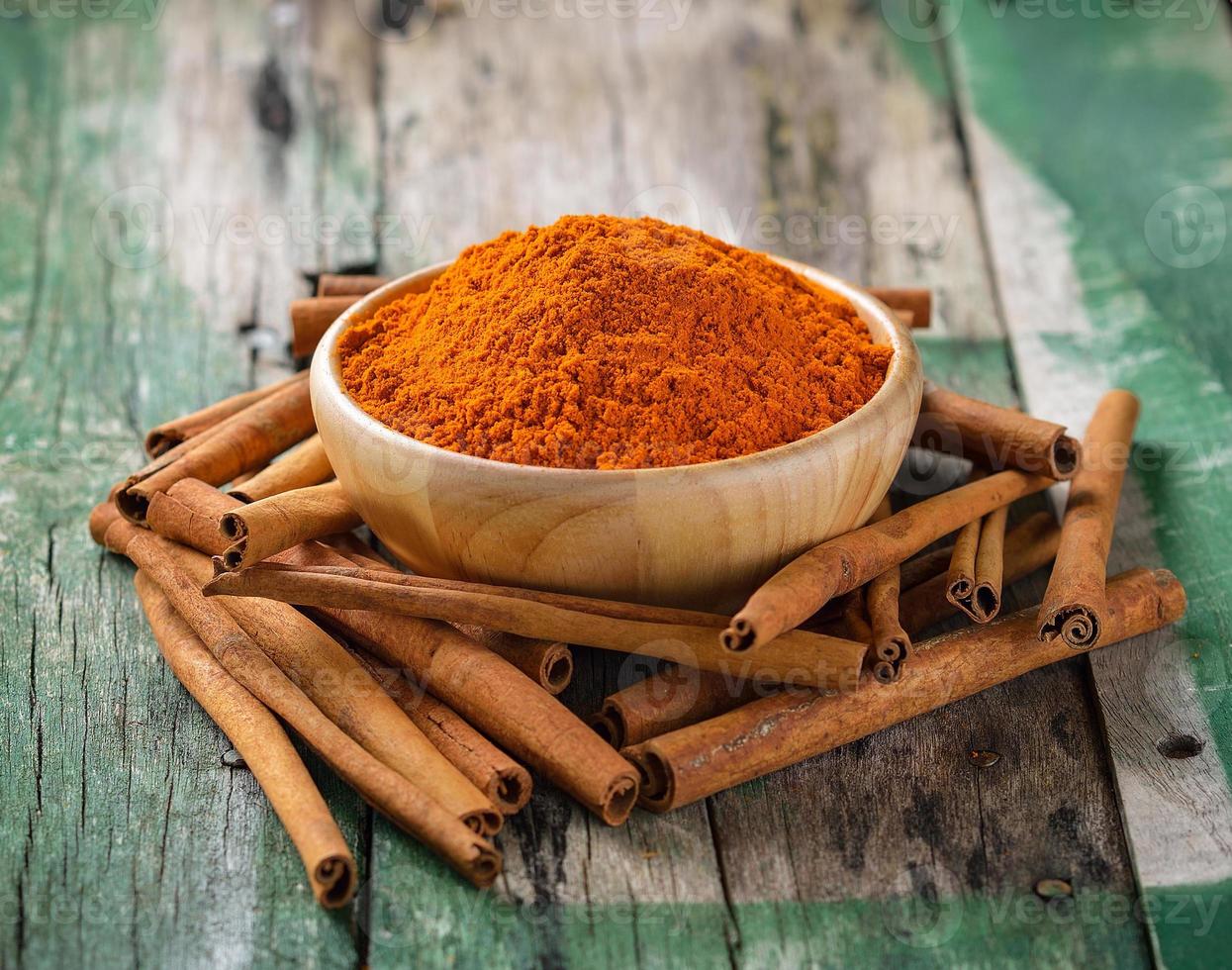 Cinnamon sticks  and  turmeric on wooden photo