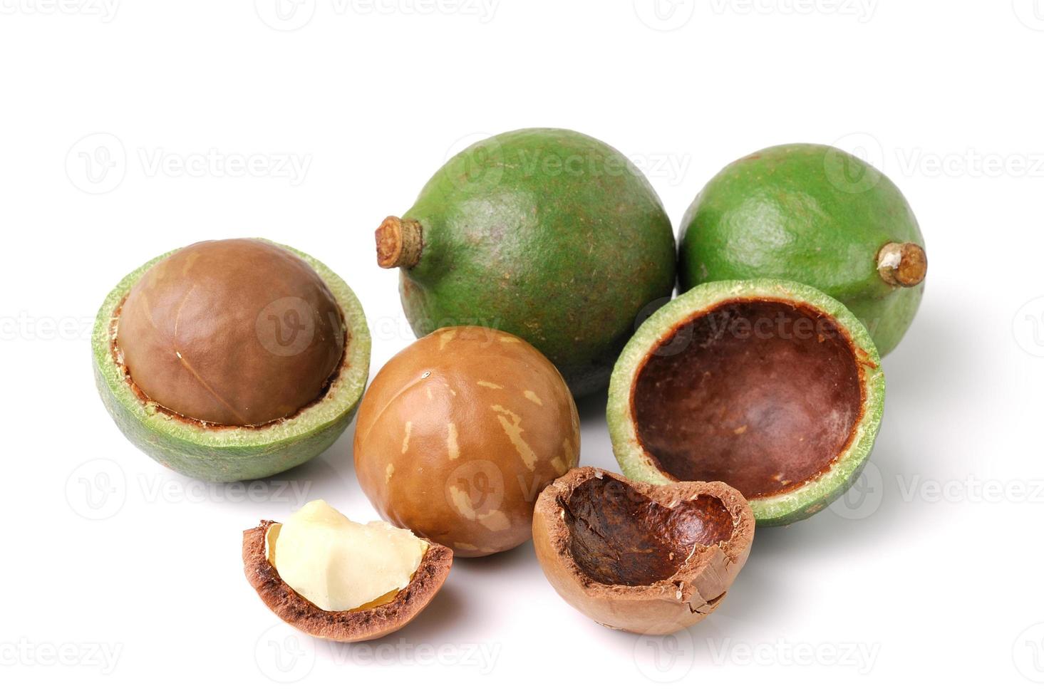 Nueces de macadamia sobre fondo blanco. foto