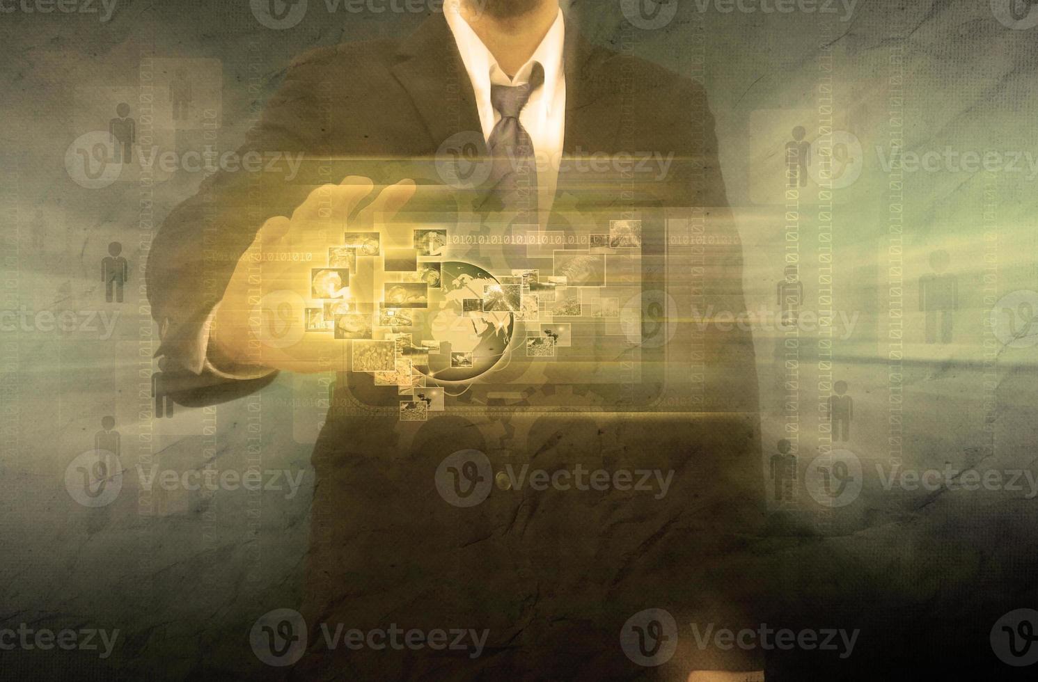 Businessman works with Social Network Display in the old paper photo