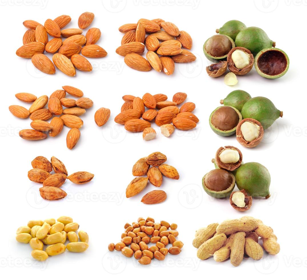 almond ,macadamia nuts, peanut  isolated on white background photo