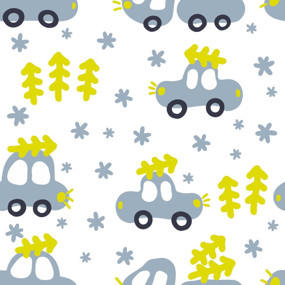 patrón de invierno sin fisuras de coches con árboles de Navidad. vector