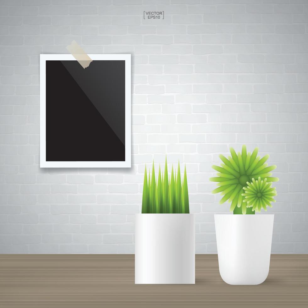 Decoration plant and blank photo frame in vintage interior space background. Vector. vector