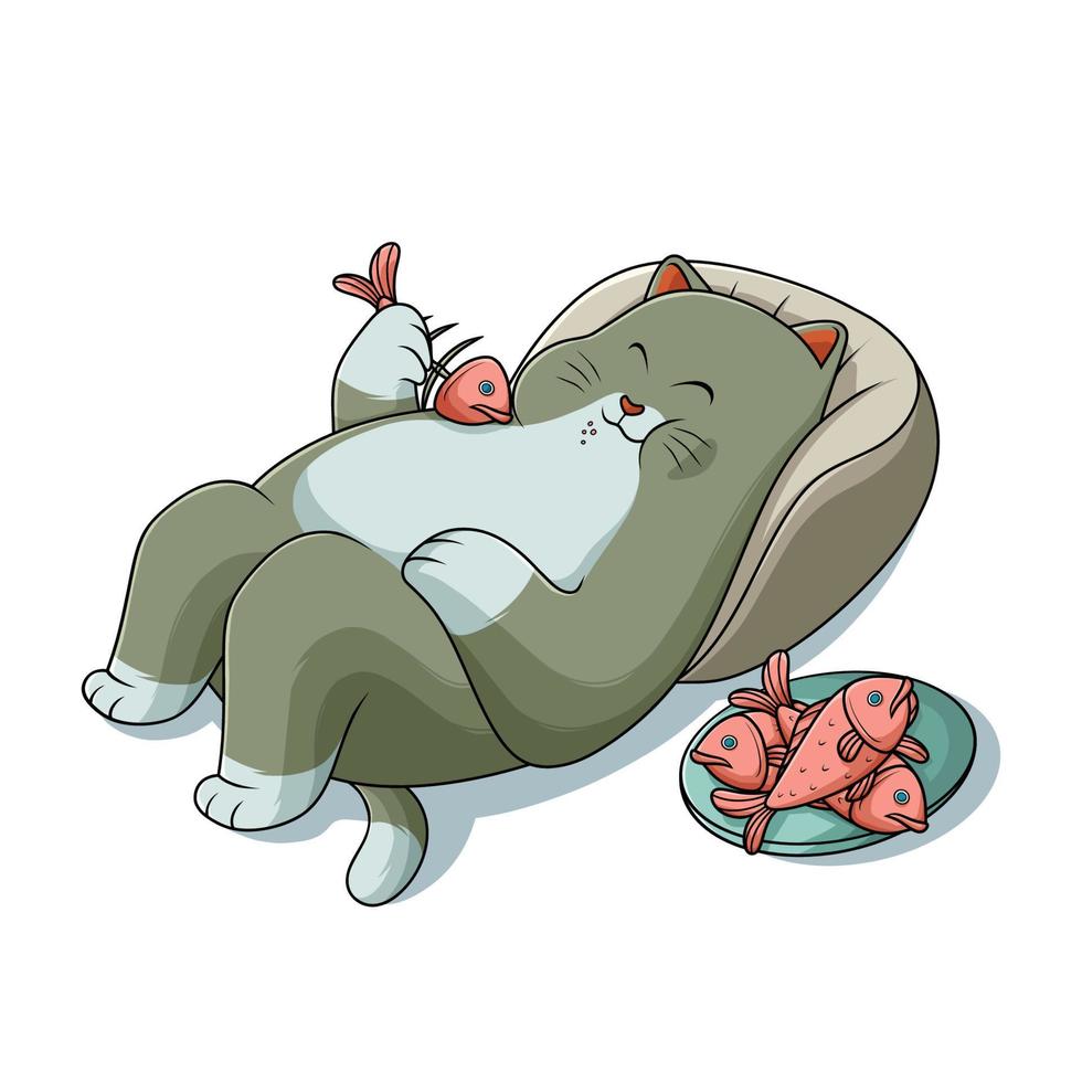 Cat lying down and enjoying a plate of fish vector