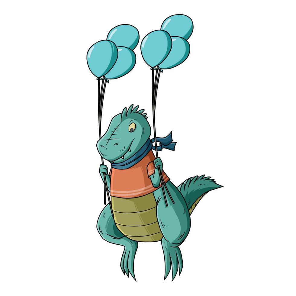 Cute dinosaur flying on balloons vector
