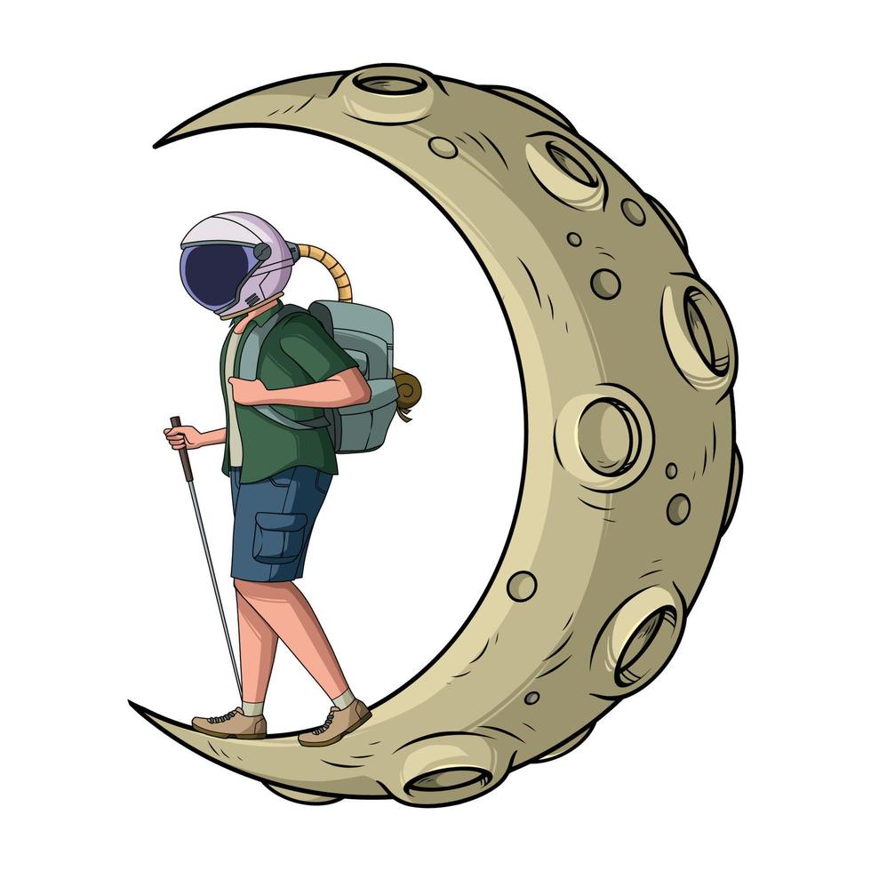 Traveler wearing an astronaut helmet standing on the moon vector