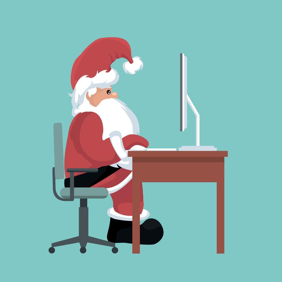 Christmas card of Santa Claus on his computer vector