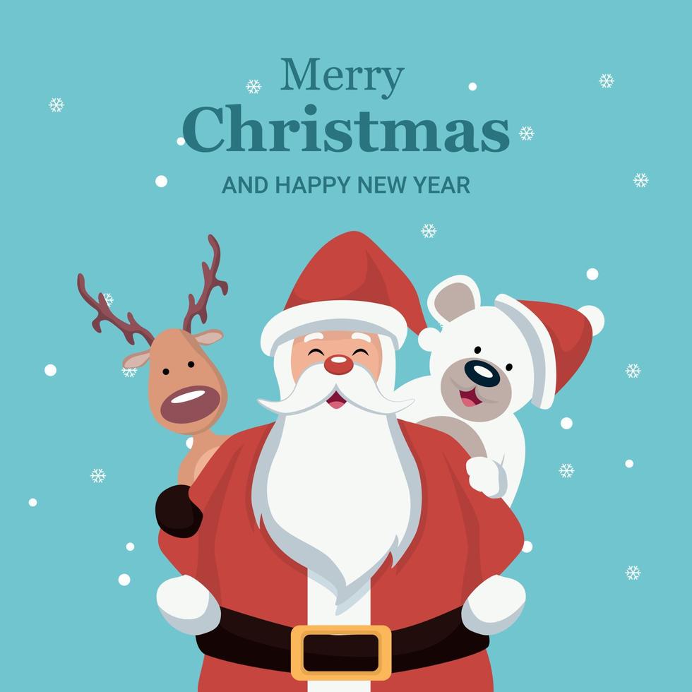 Christmas card of santa claus, reindeer and snowman vector
