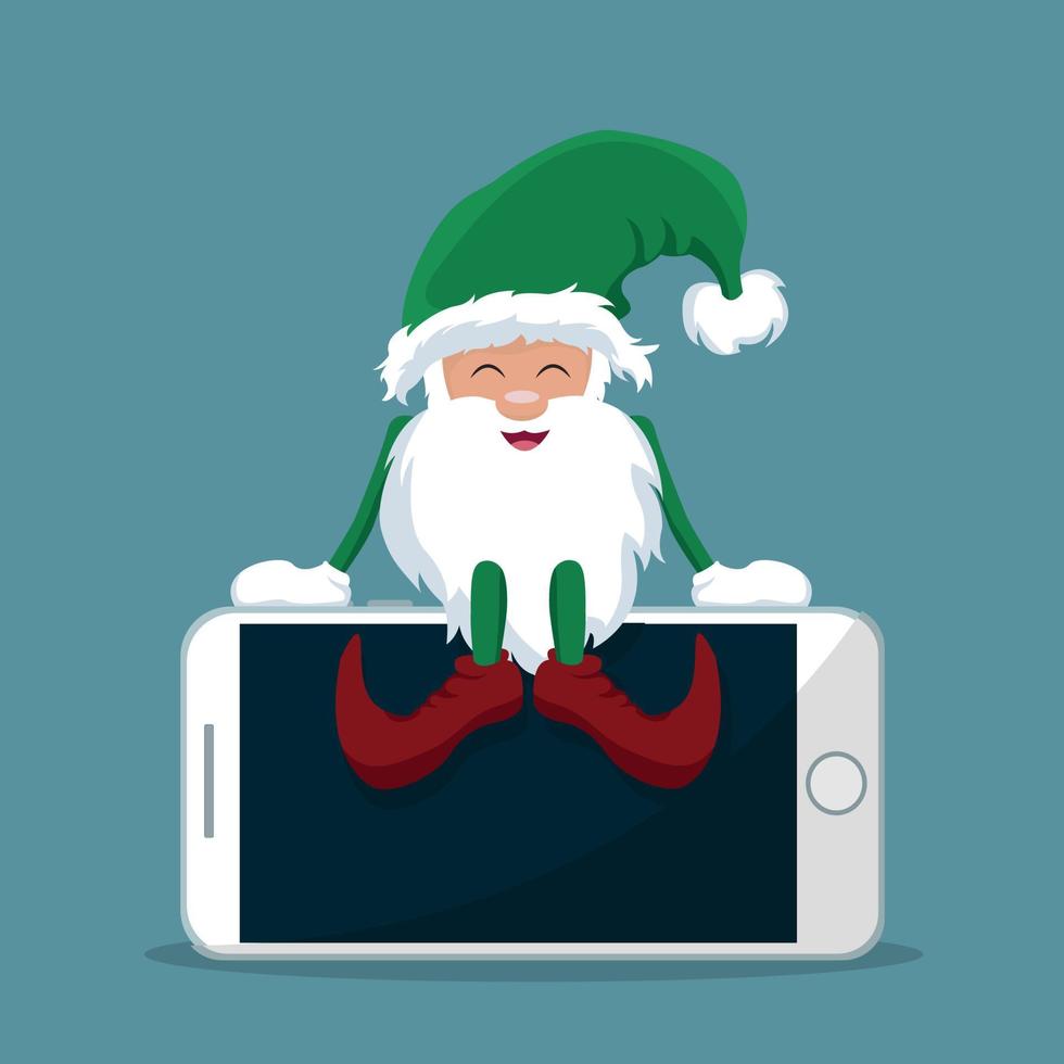 elfo de santa claus sentado encima del teléfono celular vector