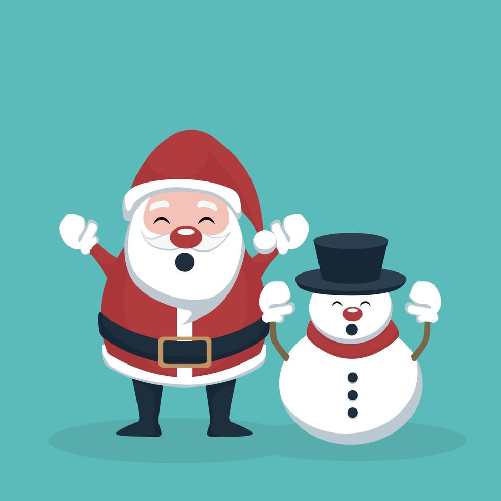 santa claus y muñeco de nieve levantando las manos vector