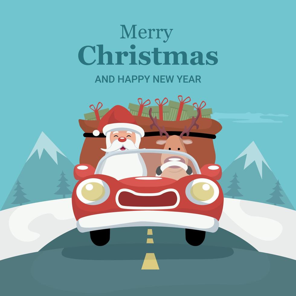 tarjeta de navidad reno conduciendo coche con santa claus vector