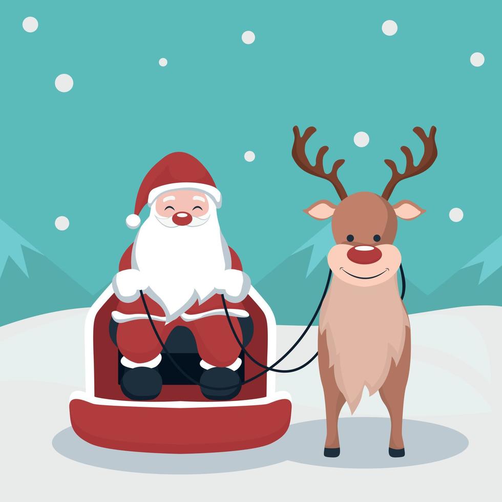 Christmas card of Santa Claus in his sleigh with reindeer in Christmas landscape vector