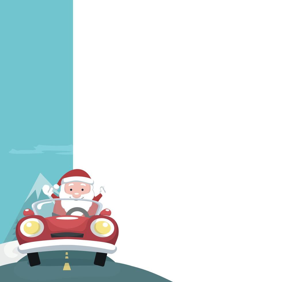 Christmas card of Santa Claus in car with blank sign to write vector