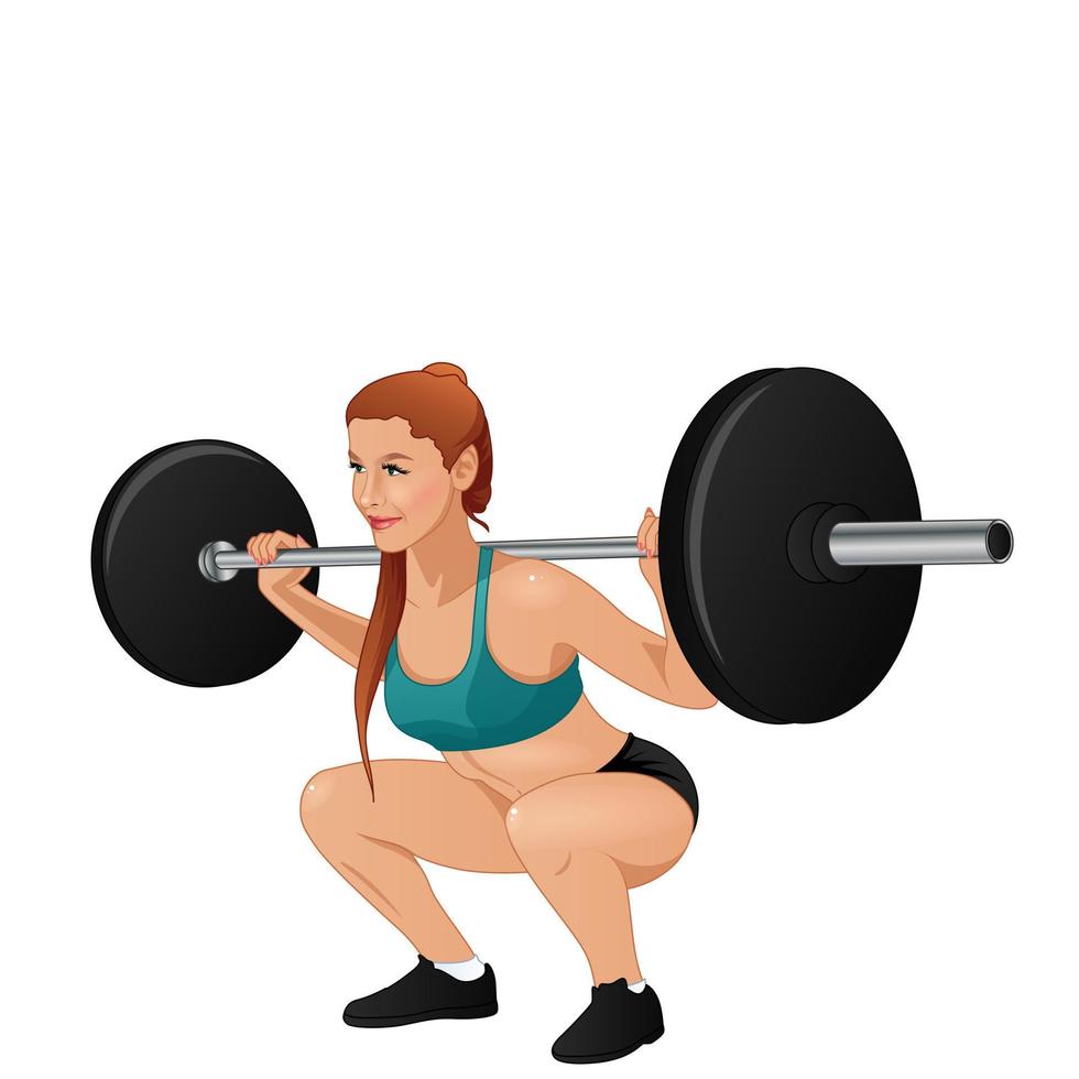 Entrenamiento de mujer en cuclillas con barra. ilustración vectorial vector