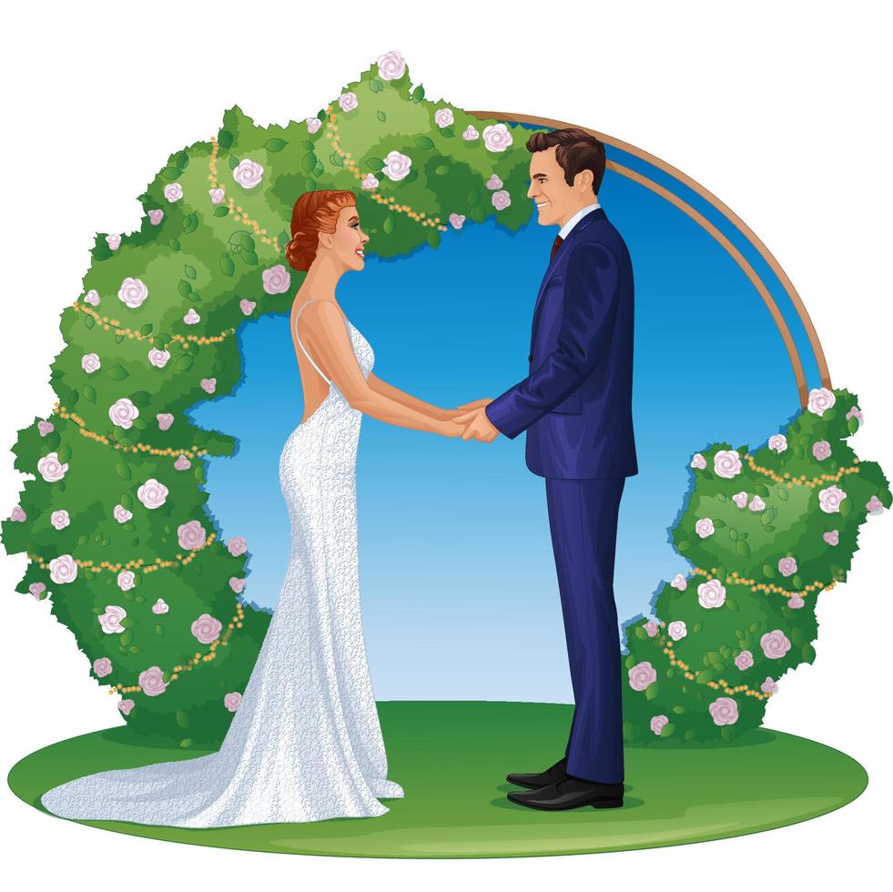 Couple saying vows in romantic outdoors wedding ceremony in front of an arch altar. Vector Illustration