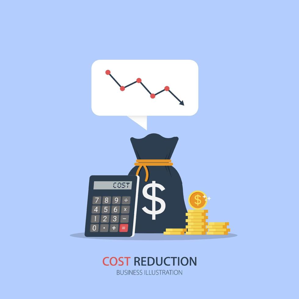 Costs reduction, costs cut, costs optimization business concept. Sack of money, calculator and coins with descending curve or arrow. vector illustration