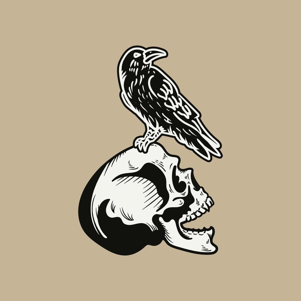 Raven and skull illustration vector