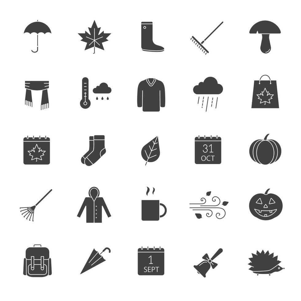 Autumn glyph icons set. September 1 and October 31 silhouette symbols. Warm clothes, autumn sale, leaves, umbrella, calendar, rake, sale, rainy weather. Vector isolated illustration