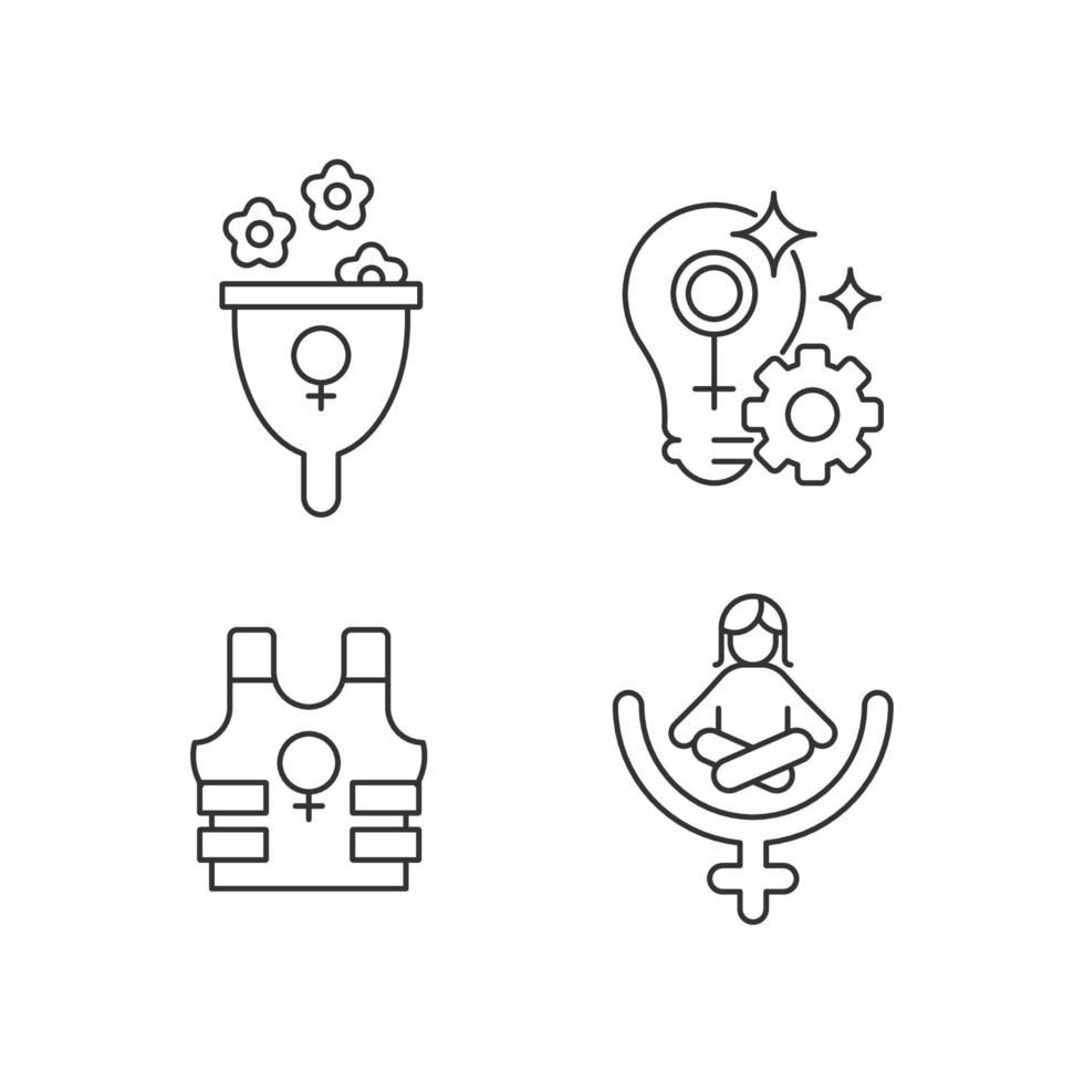 Modern feminism linear icons set. Support women wellbeing. Fulfill female potential. Women empowerment. Customizable thin line contour symbols. Isolated vector outline illustrations. Editable stroke