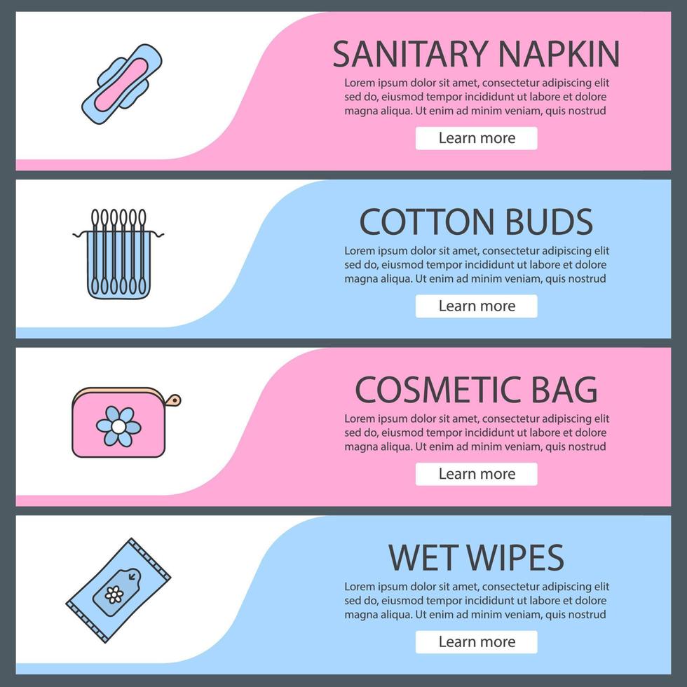 Cosmetics accessories web banner templates set. Sanitary napkin, earsticks, cosmetic bag, wet wipes. Website color menu items. Vector headers design concepts