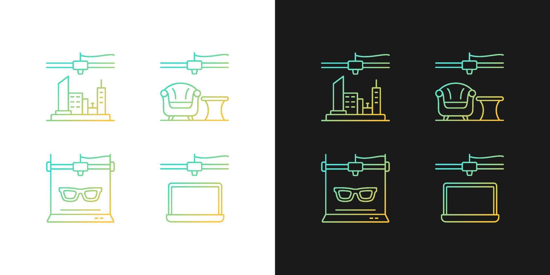 Three dimensional objects production gradient icons set for dark and light mode. 3d city model. Thin line contour symbols bundle. Isolated vector outline illustrations collection on black and white