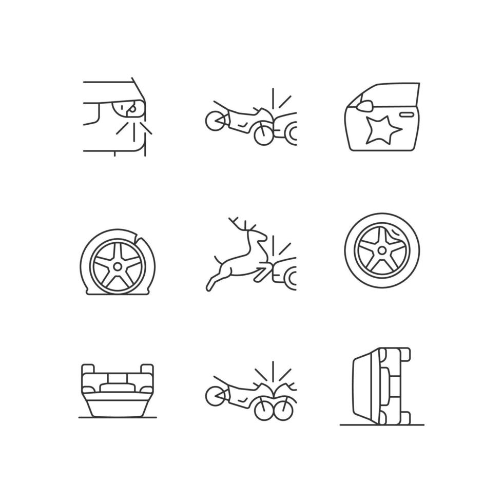 Common car crashes linear icons set. Rollover accidents. Wildlife vehicle collision. Motorcycle crashes. Customizable thin line contour symbols. Isolated vector outline illustrations. Editable stroke