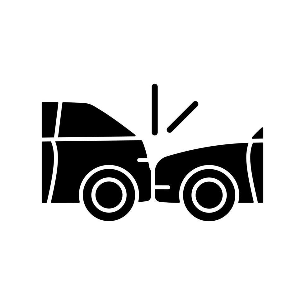 Rear-end collision black glyph icon. Hitting vehicle from behind. Aggressive driving. Accident occurs in congested traffic. Silhouette symbol on white space. Vector isolated illustration