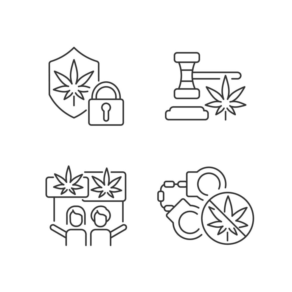 Legality of cannabis linear icons set. Marijuana dispensaries protection. Legal drug use. Law violation. Customizable thin line contour symbols. Isolated vector outline illustrations. Editable stroke