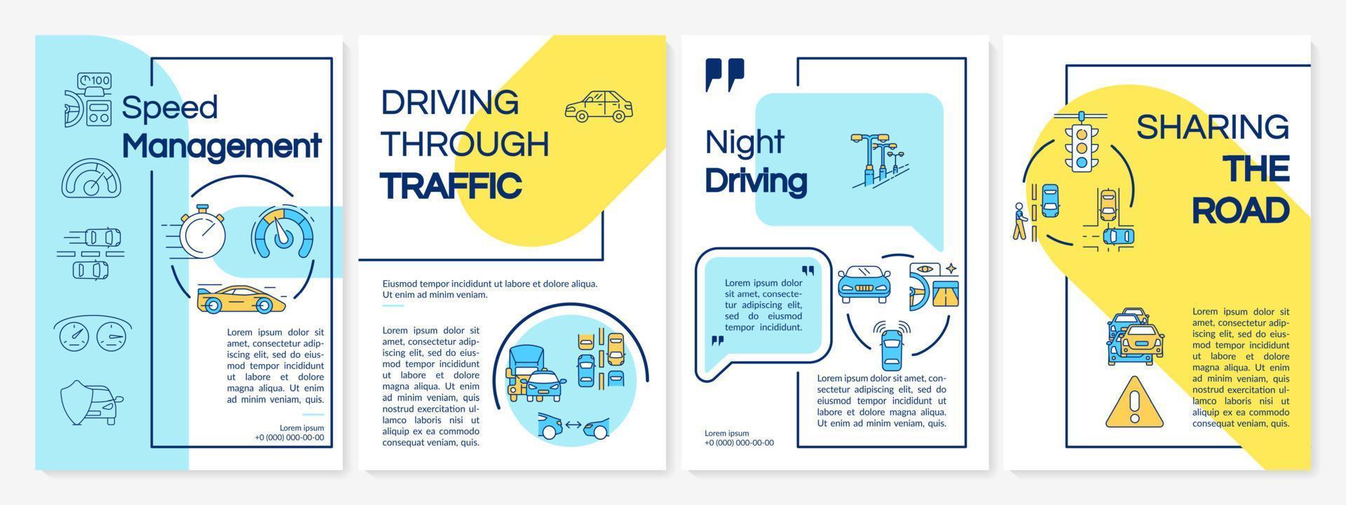 Driving courses types yellow and blue brochure template. Flyer, booklet, leaflet print, cover design with linear icons. Vector layouts for presentation, annual reports, advertisement pages
