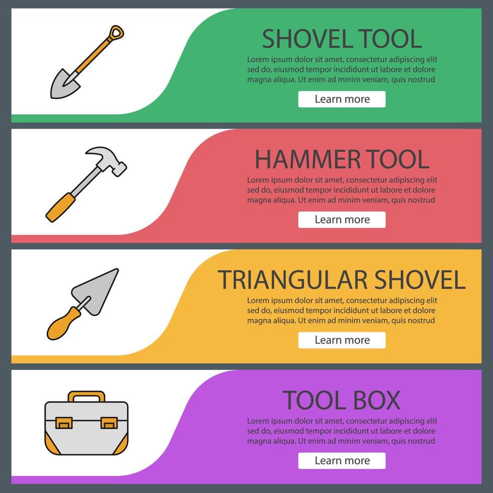 Construction tools web banner templates set. Spade, triangular shovel, hammer, tool box. Website color menu items. Vector headers design concepts