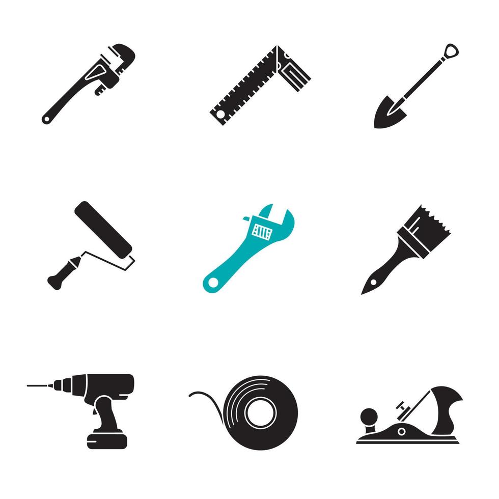 Construction tools glyph icons set. Silhouette symbols. Monkey wrench, shovel, cordless drill, adhesive tape roll, paint roller and brush, jack plane, set square. Vector isolated illustration