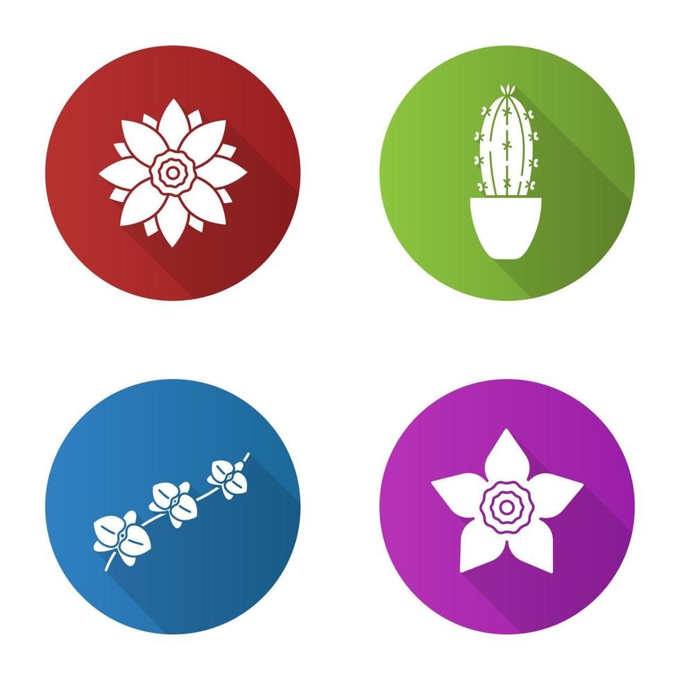 conjunto de iconos de glifo de larga sombra de diseño plano de flores. loto, narciso, orquídea, rama, cactus en maceta. ilustración de silueta de vector