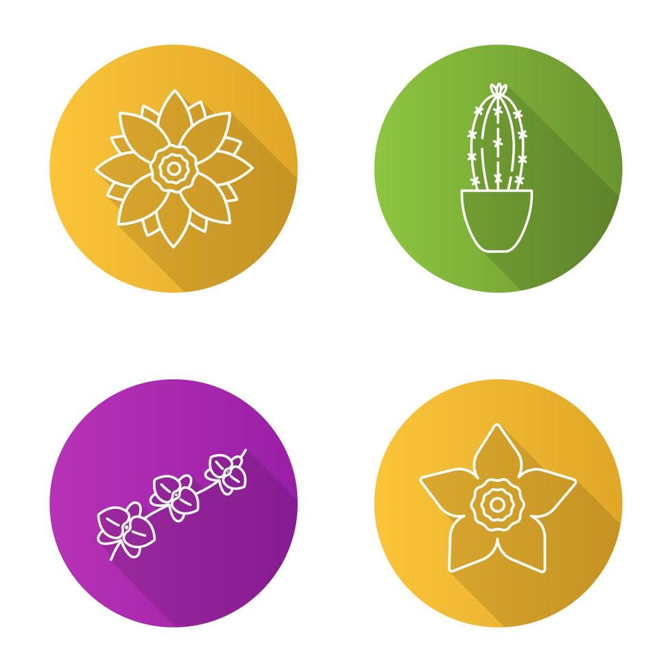 Flowers flat linear long shadow icons set. Lotus, daffodil, orchid, branch, cactus in flowerpot. Vector outline illustration
